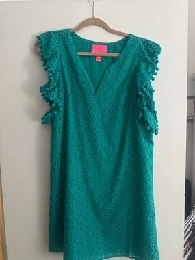 Lilly Pulitzer Teal Eyelet Pom Sleeve V-Neck Shift Dress